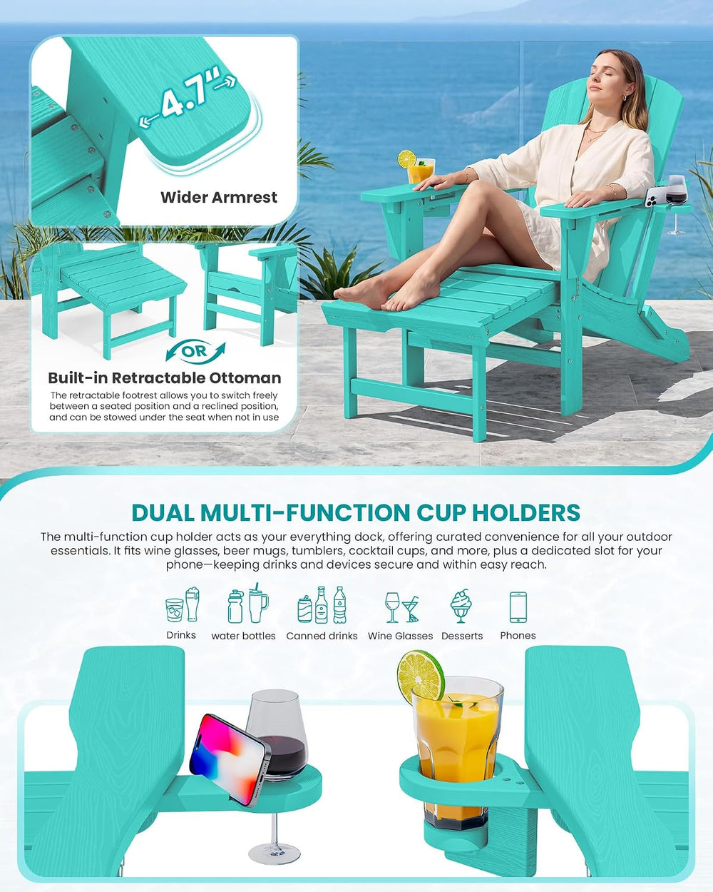 SERWALL HDPE Folding Adjustable Adirondack Chair with Footrest, Aruba