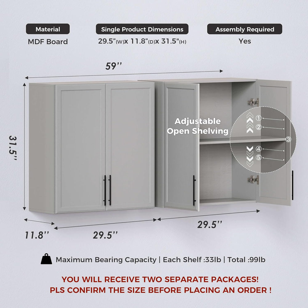 60"W Grey Laundry Room Wall Mounted Cabinets with Adjustable Shelf