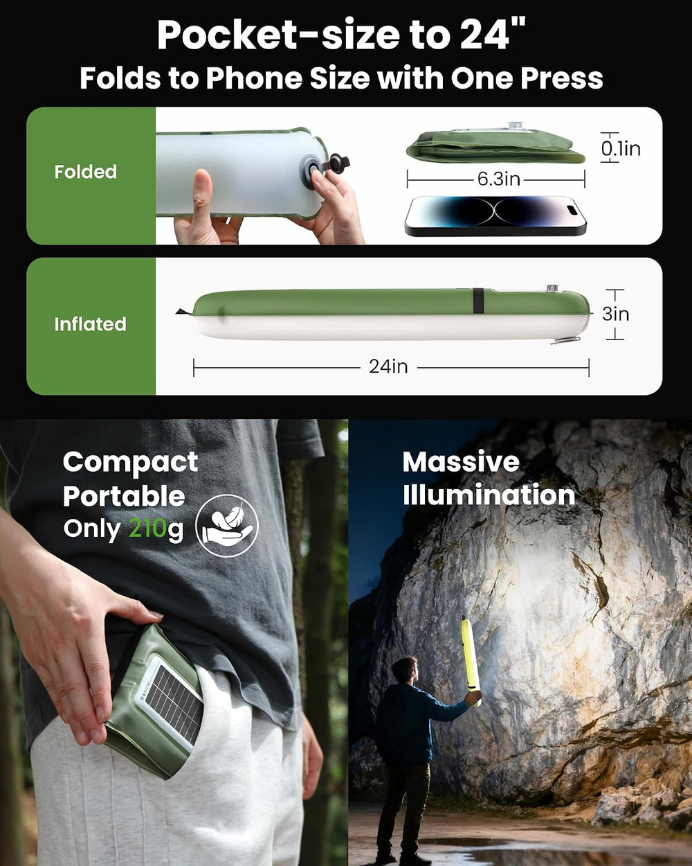 24" Inflatable Solar Camping Lantern IP66 TPU Emergency Hiking Light(Green)