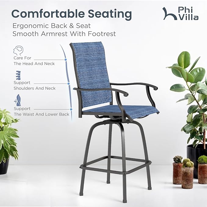 PHI VILLA Outdoor Swivel Bar Stools Set of 6, Bar Height Patio Chairs Furnitu...