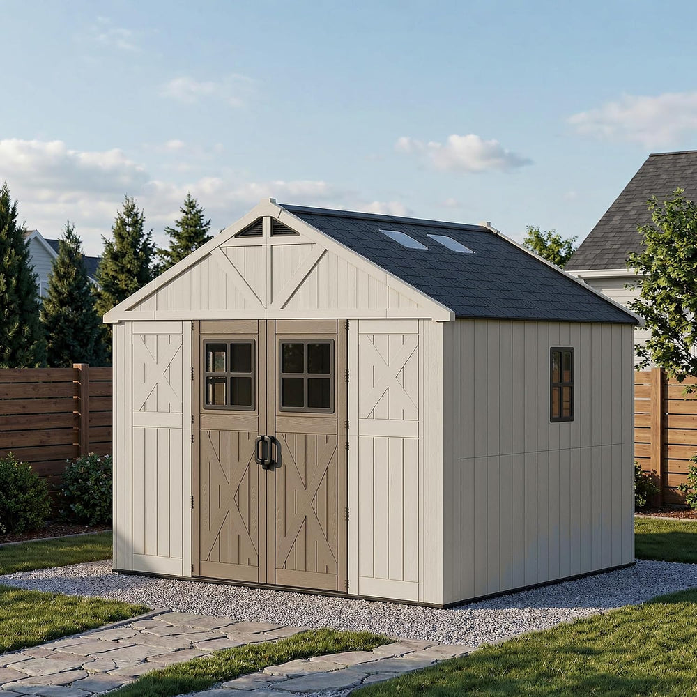 Devoko 10x10 FT Resin Storage Shed with Floor, Large Outdoor Plastic Sheds
