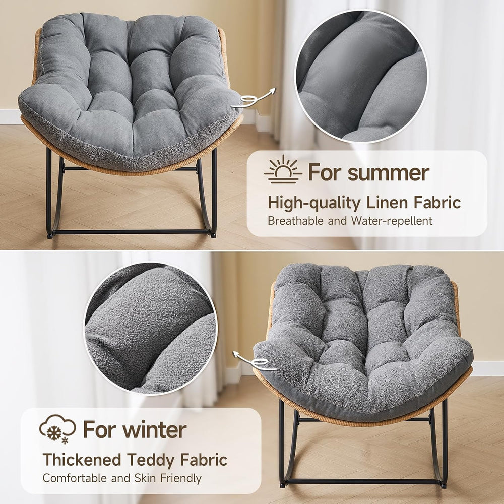 ONBRILL Outdoor Rocking Chairs, Oversized Papasan Rocking Chair, Gray