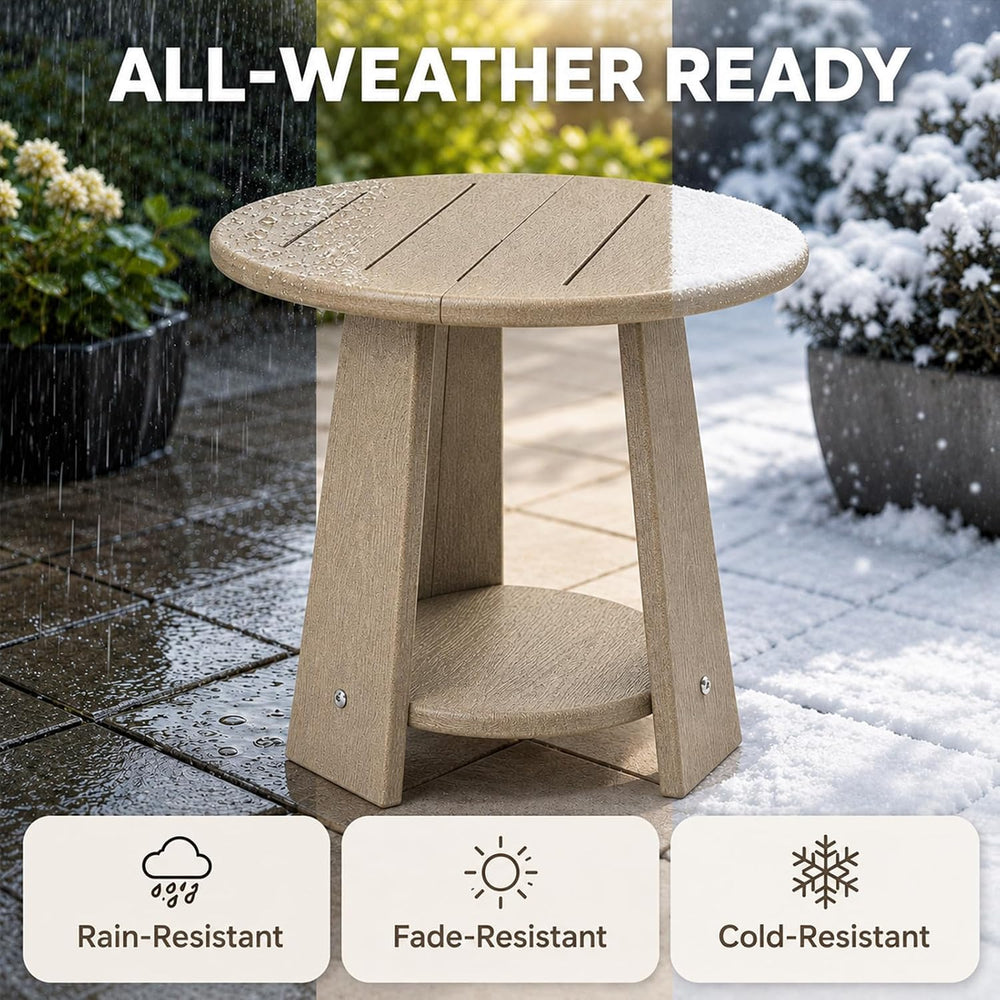 Round Outdoor Side Table, 2-Tier Small HDPE Side Table, Brown