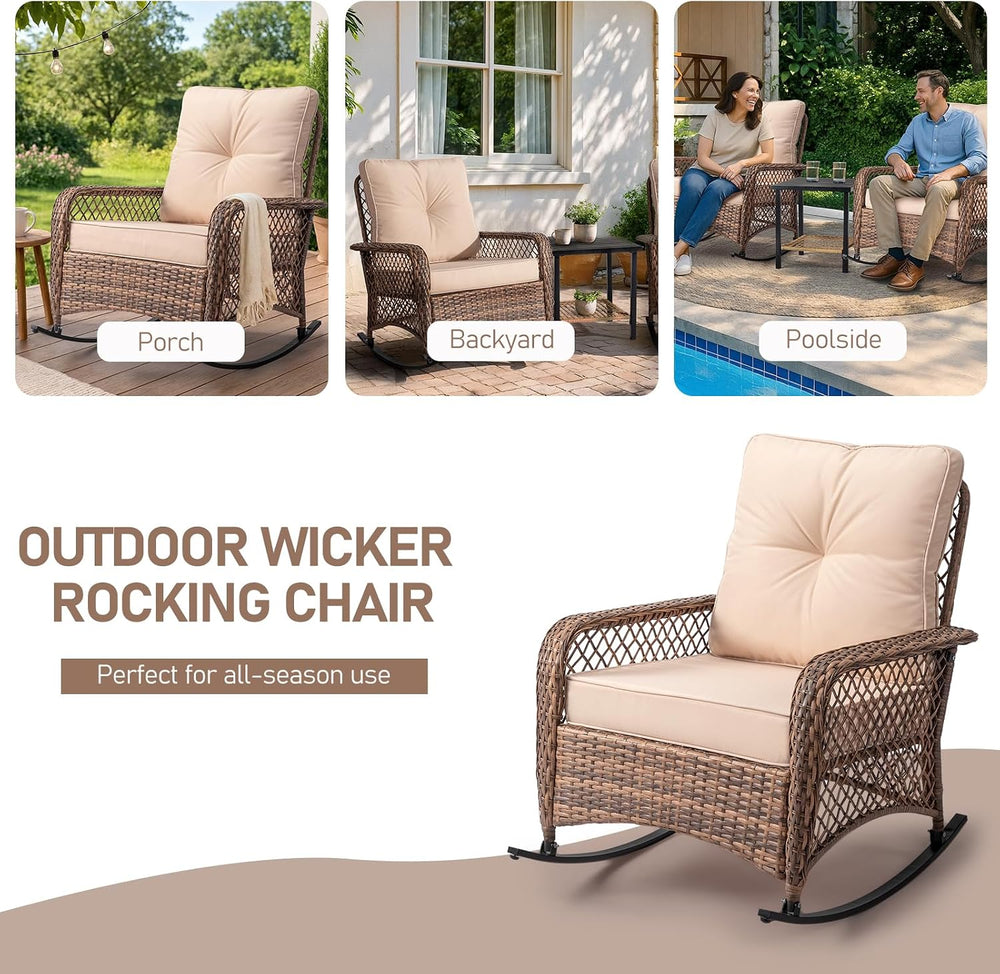 Wicker Rocking Chair, Rattan Patio Rocker with Cushion, Beige
