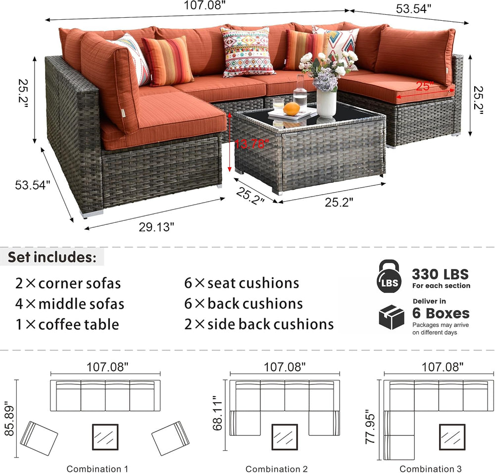HOOOWOOO Patio Outdoor Sectional Furniture Sofa Set,7 Piece U Shaped Corner W...