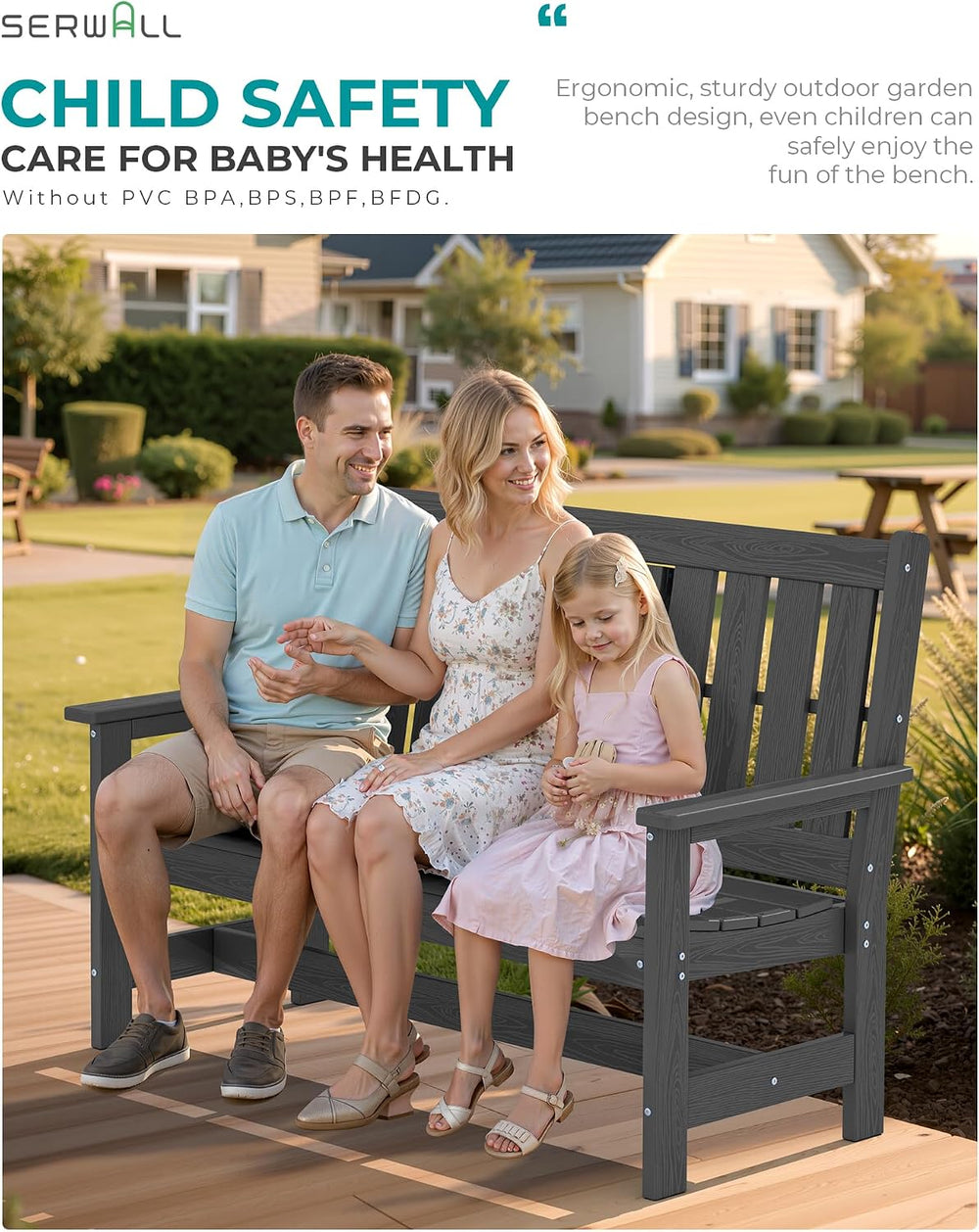 SERWALL HDPE Outdoor Bench with Cup Holder Oversized 58" Porch Bench, Grey