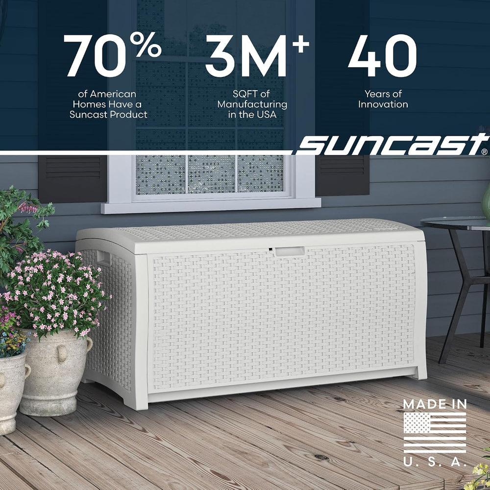 Suncast 99 Gallon Wicker Horizontal Outdoor Deck Box with Hinged Lid, Water-R...