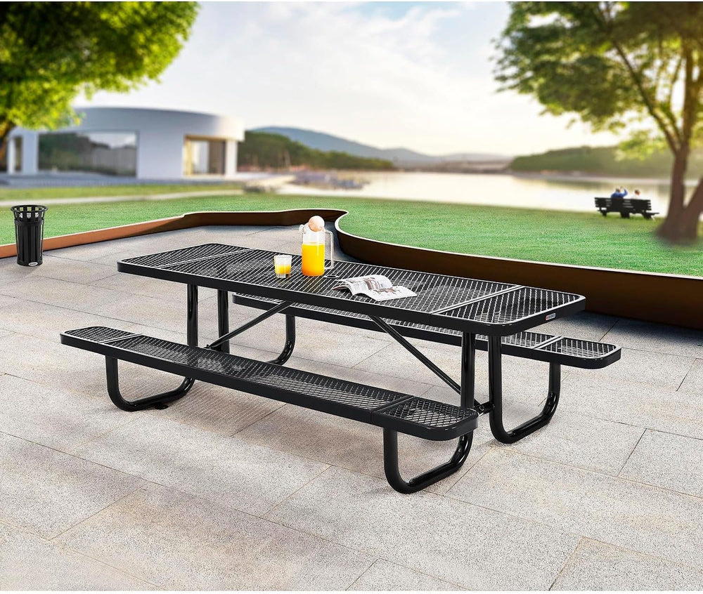 Global Industrial 8’L Rectangular Picnic Table, Expanded Metal, Black Thermop...