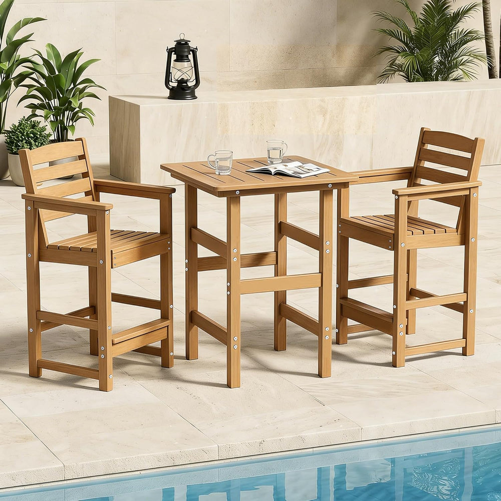 3-Piece Outdoor Bistro Bar Set, HDPE Bar Height Table & Chairs, Teak