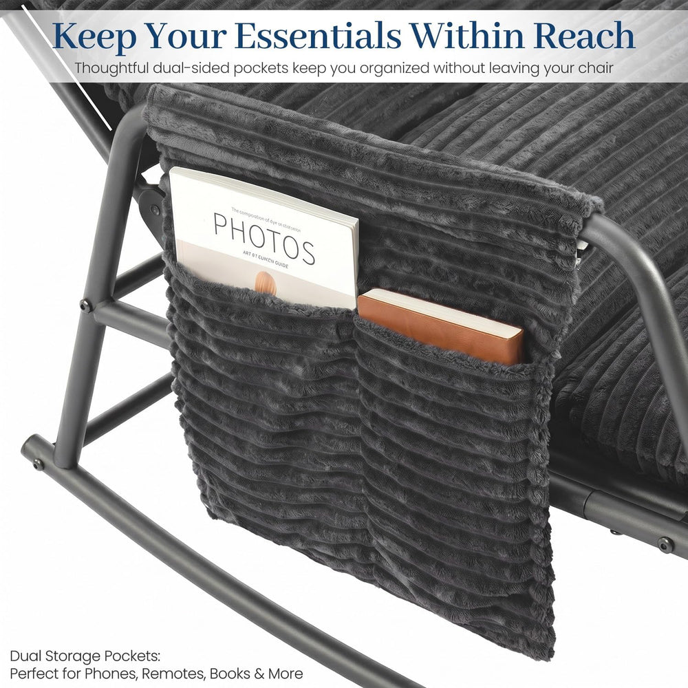 Oversized Corduroy Rocking Chair with Footrest, 3-Level Recliner Gray