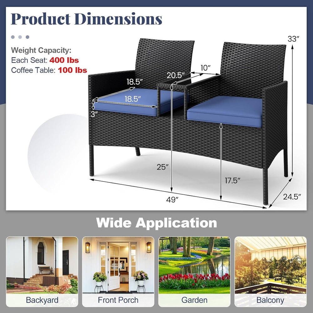 Tangkula Patio Loveseat with Built-in Table, Wicker 2-Seat Furniture with Sof...
