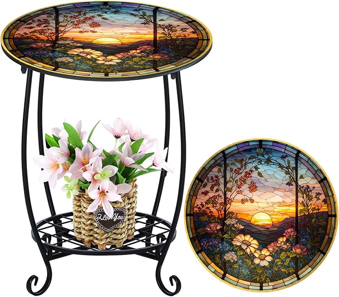 Outdoor Side Table Round Small Mosaic Patio Accent Indoor End Plant Coffee Te...