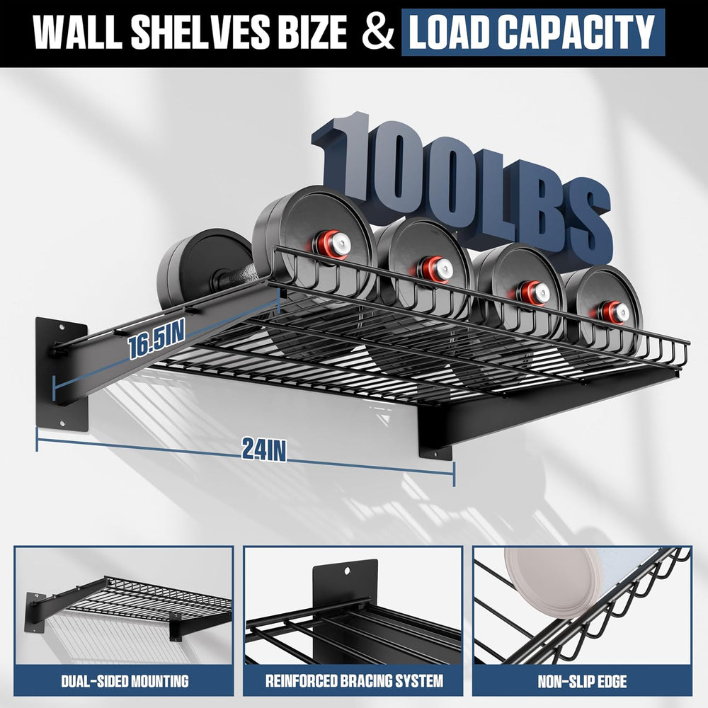 Garage Wall Shelving 24"x16.5" 4-Pack, Wall Mounted Shelves, Black