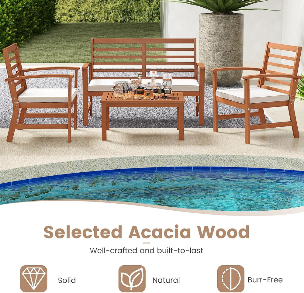 Tangkula 4 Pieces Outdoor Furniture Set, Acacia Wood Conversation Set w/Soft ...