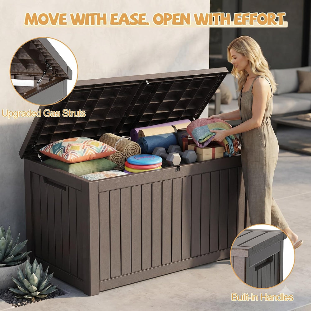 EFU Outdoor Storage Box Waterproof, 360 Gal Gen 2 Resin Deck Box Gas Struts