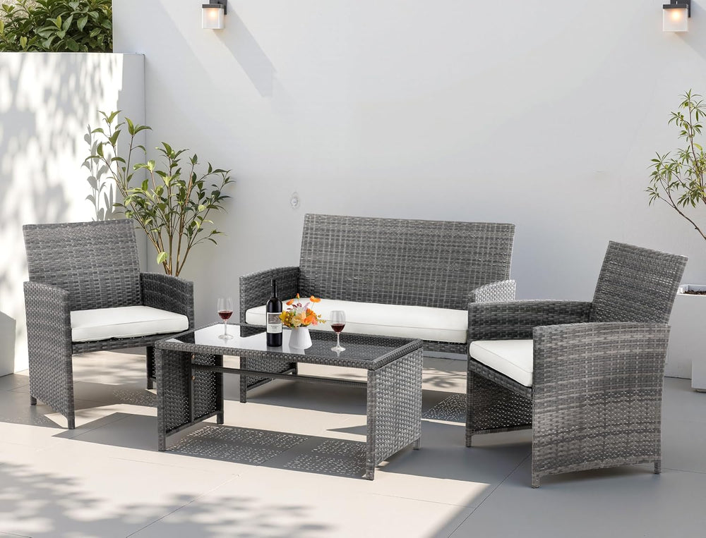 4 Piece Patio Ratten Set Outdoor Furniture Set Wicker Conversation Set with C...