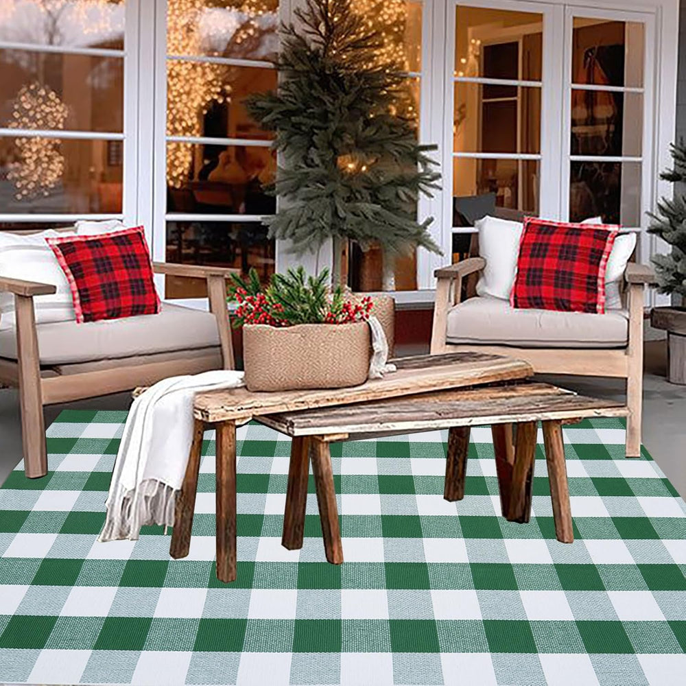 Green and White Buffalo Plaid Outdoor Rug Spring Door Mat Layering Rug Welcom...