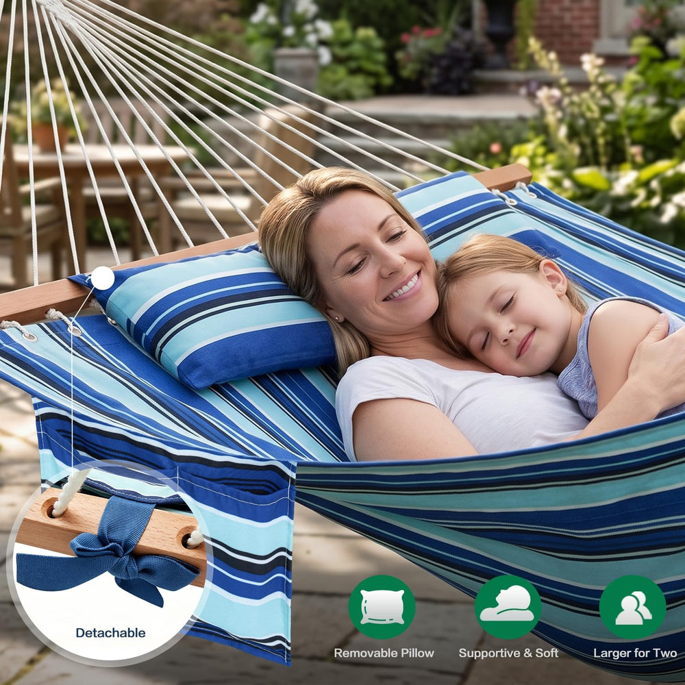 GAFETE 12ft 2 Person Hammock for Outside with Hardwood Spreader Bar