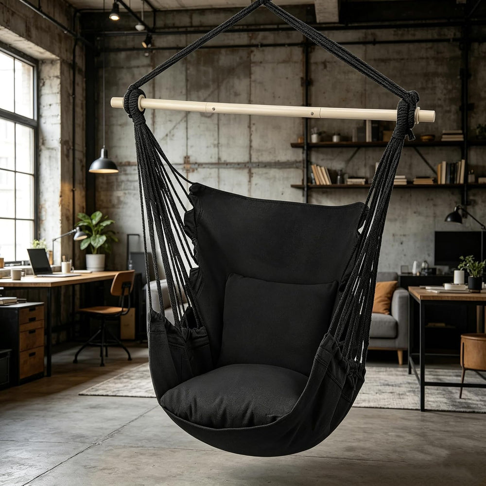 Hammock Chair Hanging Rope Swing w/2 Cushions, Hold 350lbs, Black