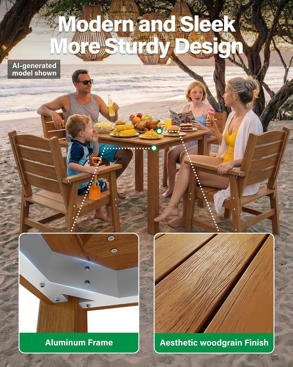 YEFU 5 Piece Square Patio Dining Set, Sturdy Aluminum Frame, HIPS, Teak