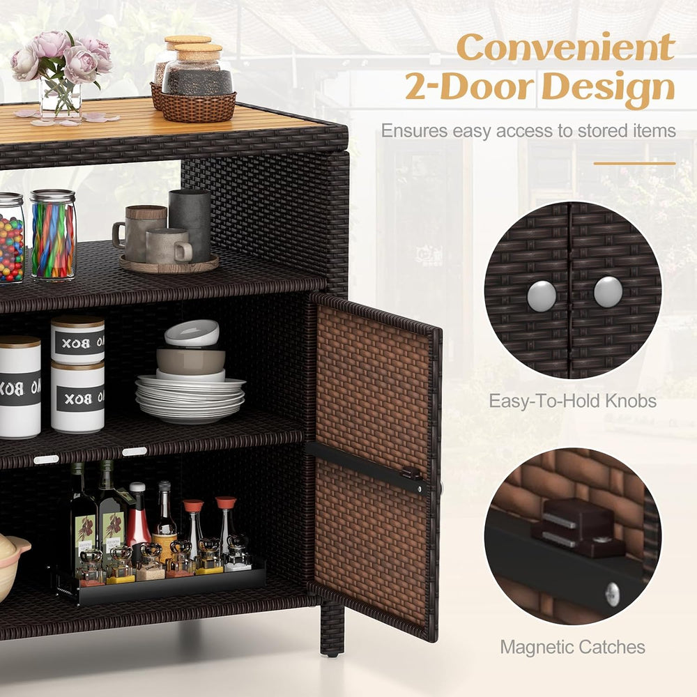 Tangkula Rattan Outdoor Storage Cabinet, Patiojoy Outdoor Cabinet with Acacia...