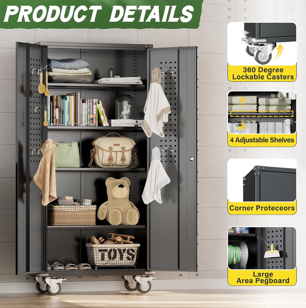72" Black Metal Storage Cabinet with Wheels, Pegboards, Locking Doors an...
