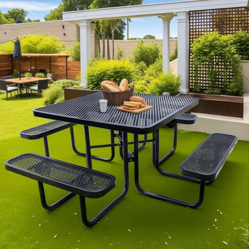46" Square Top Outdoor Picnic Table Set for Up to 8 Persons, Outside Tab...