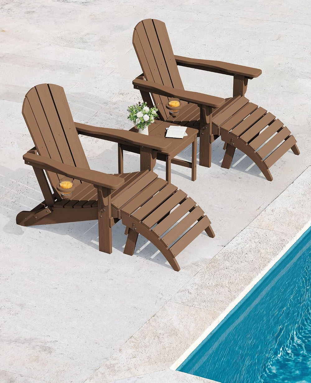 SERWALL 5-Piece HDPE Adirondack Chair and Ottoman and Table Set, Brown