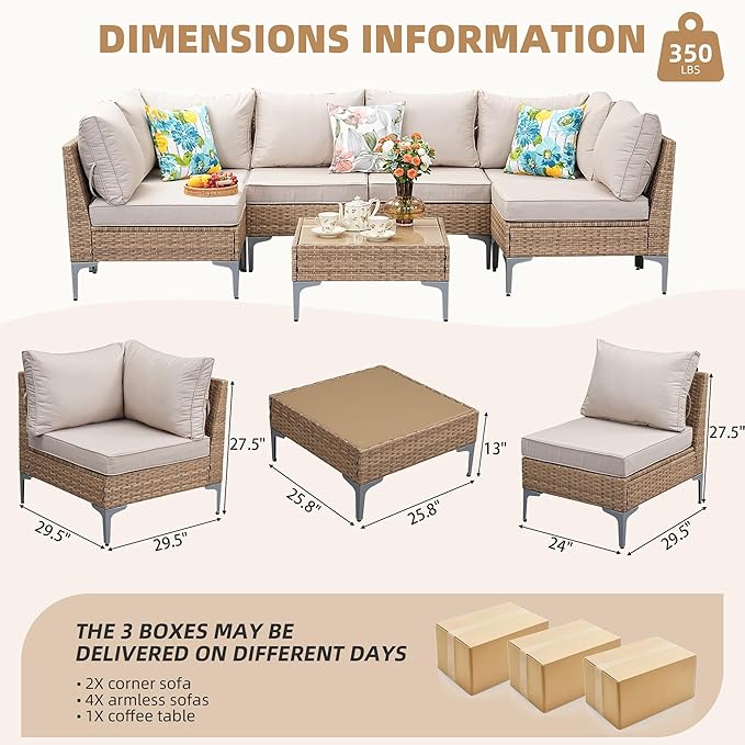 Jing's Villa 7-Piece Outdoor Patio Furniture Set,Ratten Conversation Sect...