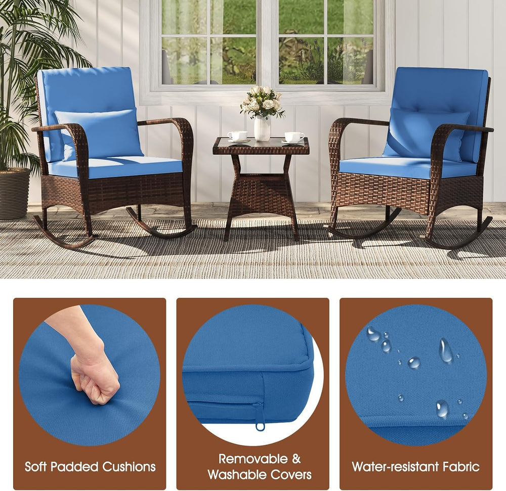 ORALNER 3 Pieces Outdoor Wicker Rocking Chair, Patio Furniture Set (Navy)