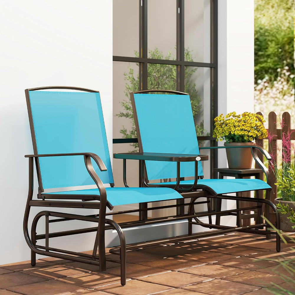 Outsunny Outdoor Glider Bench with Center Table Metal Frame Armrests Blue
