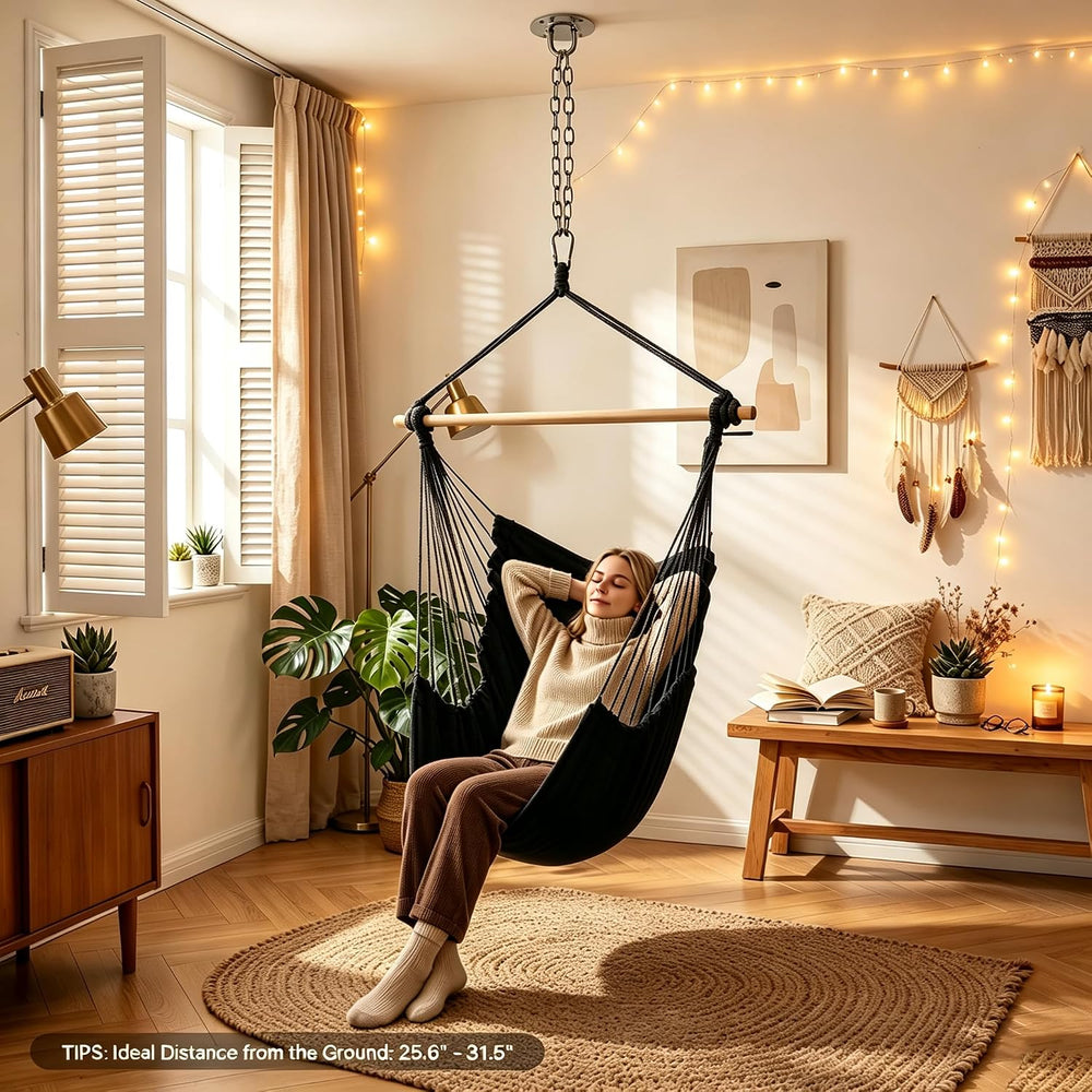 Athena Collection Hammock Chair Hanging Rope Swing, Black