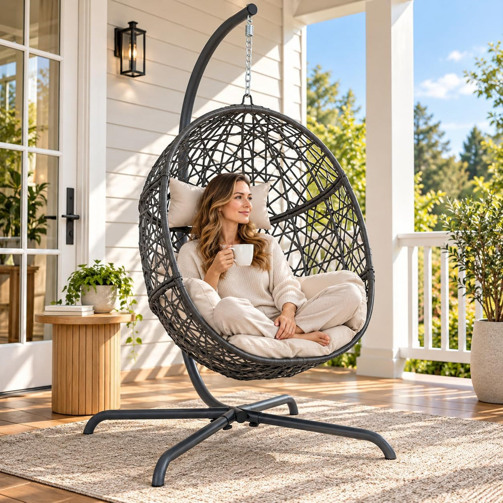 RADIATA Hanging Egg Chair with Stand, Outdoor Patio Swing Chair, Beige
