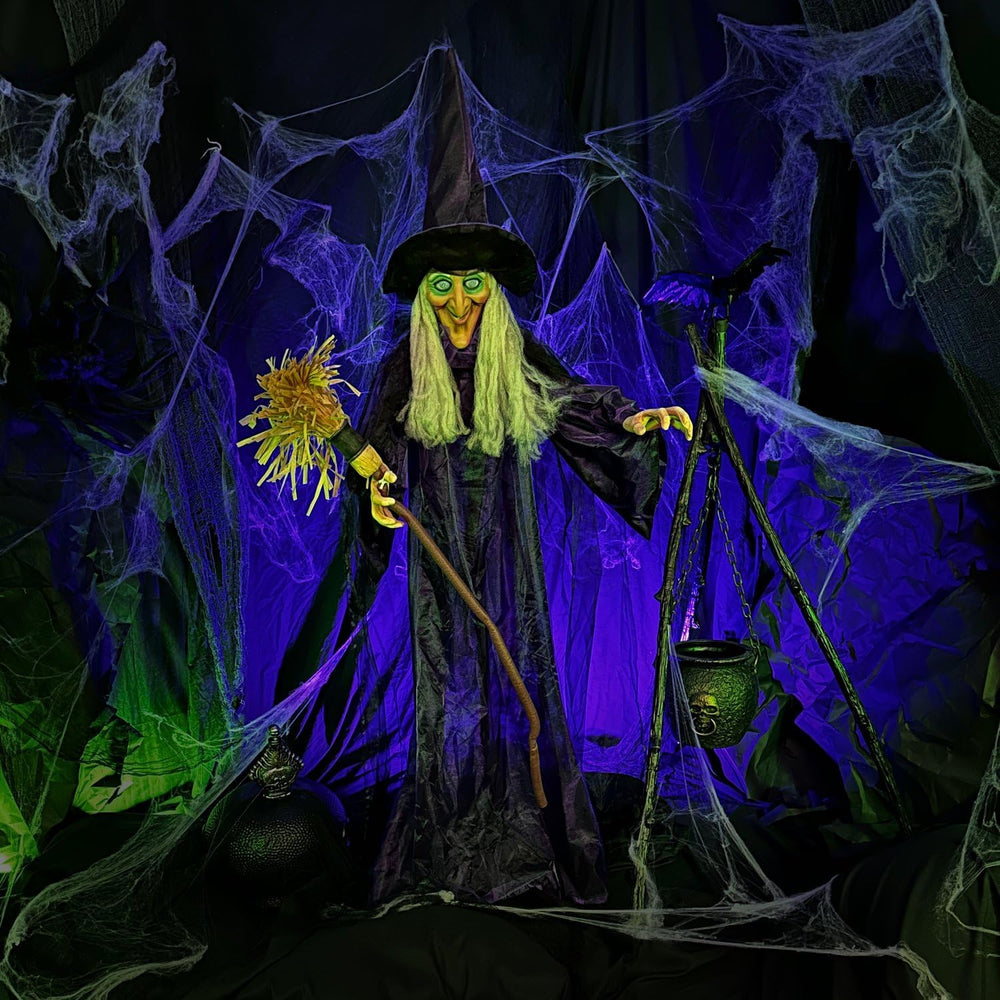 Haunted Hill Farm Life-Size Scary Talking Witch with Broomstick, Halloween An...