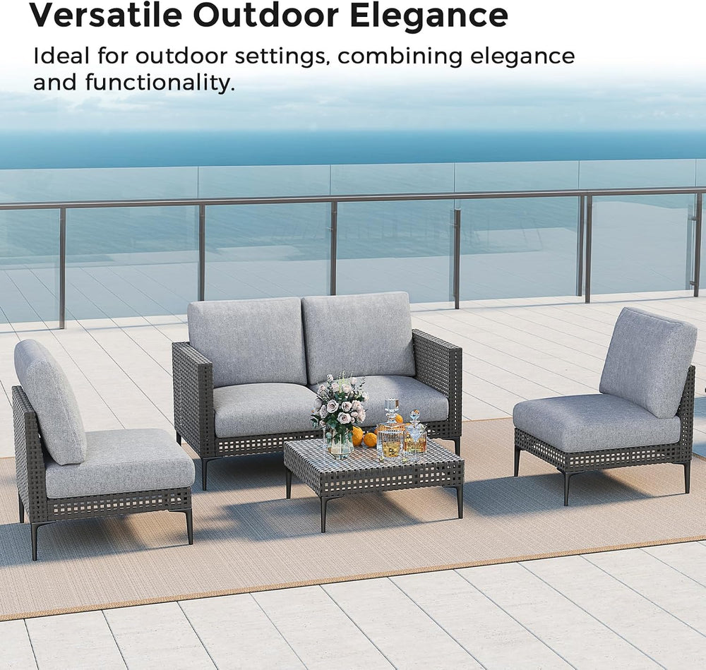 Outdoor Patio Sofa Conversation Set–Rattan 4 Seats Comfortable Couch