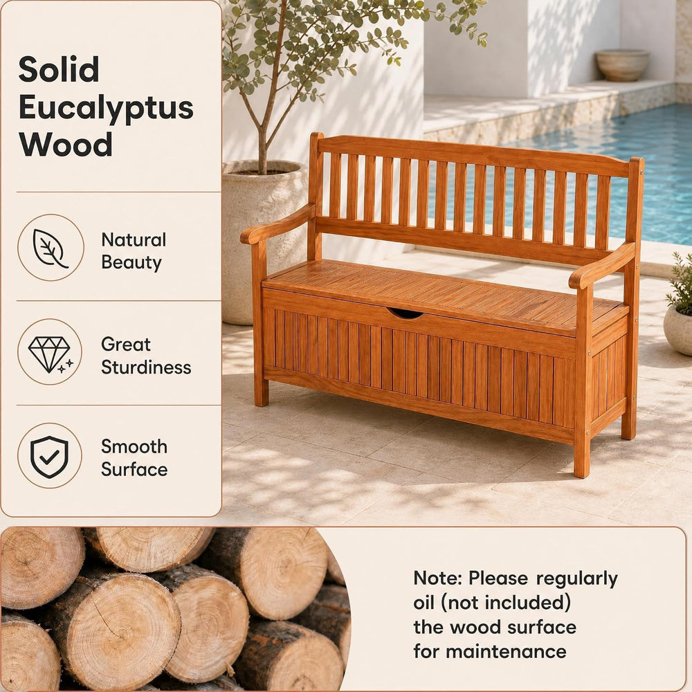 LDAILY 33 Gal Eucalyptus Outdoor Storage Bench, 705 lbs Capacity Deck Box