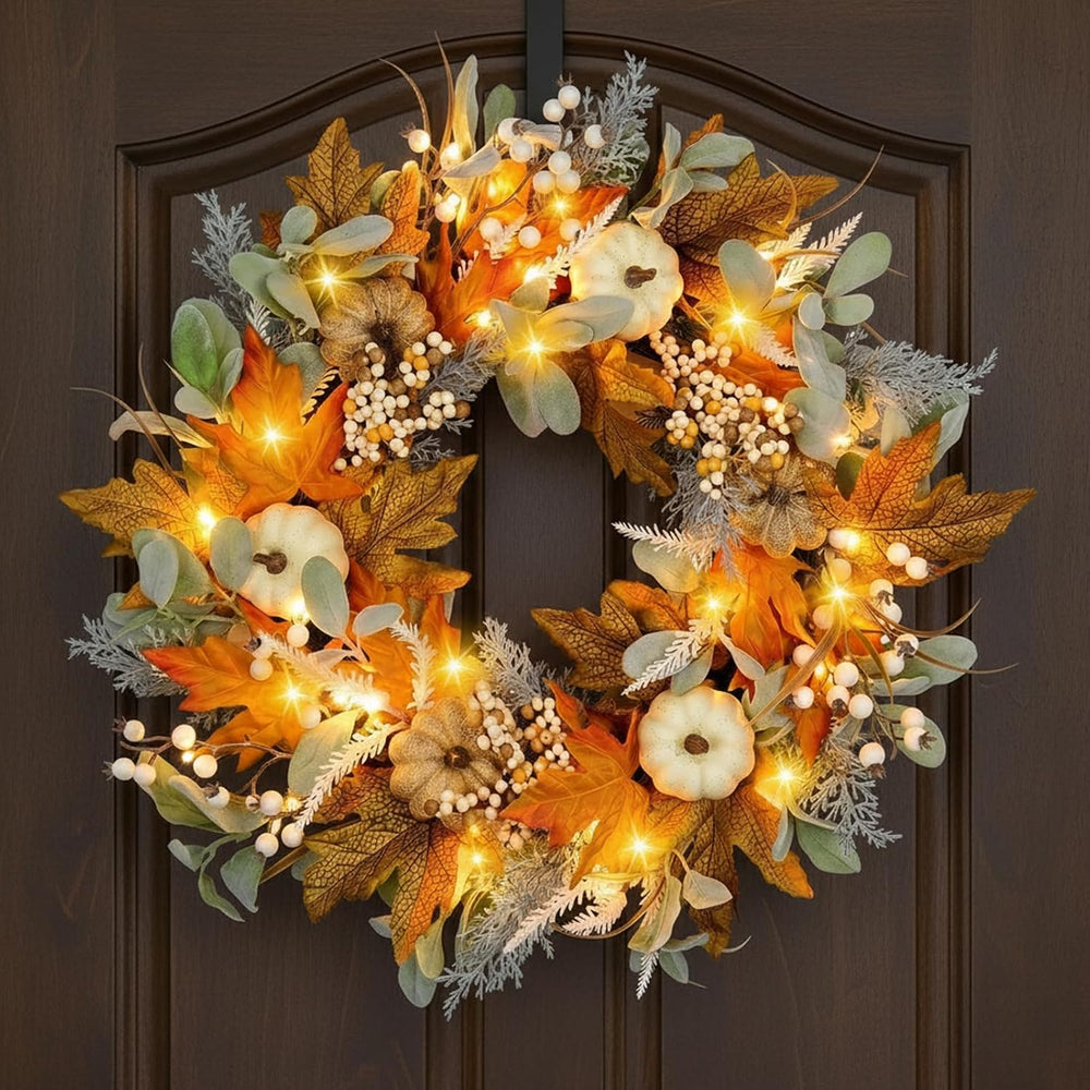 24IN Fall Wreath Prelit for Front Door, Halloween, Thanksgiving Decor