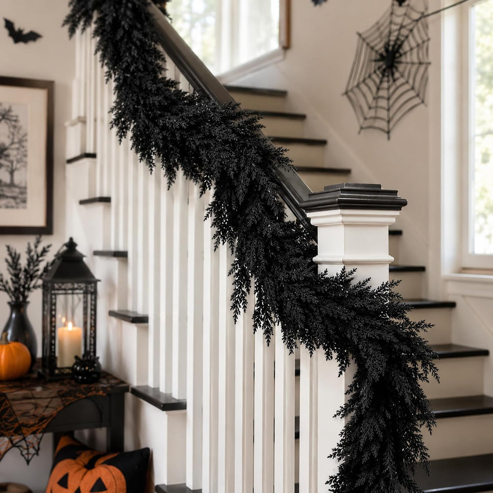 2 Pcs 6ft Black Halloween Cedar Garland, Gothic Vine Twig Mantle Decoration