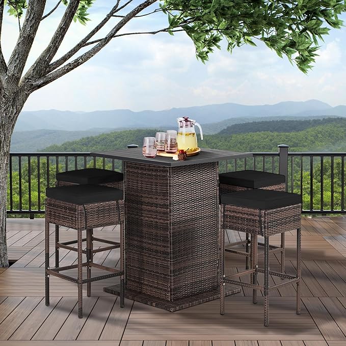 Tangkula 5 Piece Outdoor Rattan Bar Set, Patio Bar Furniture with 4 Cushions ...