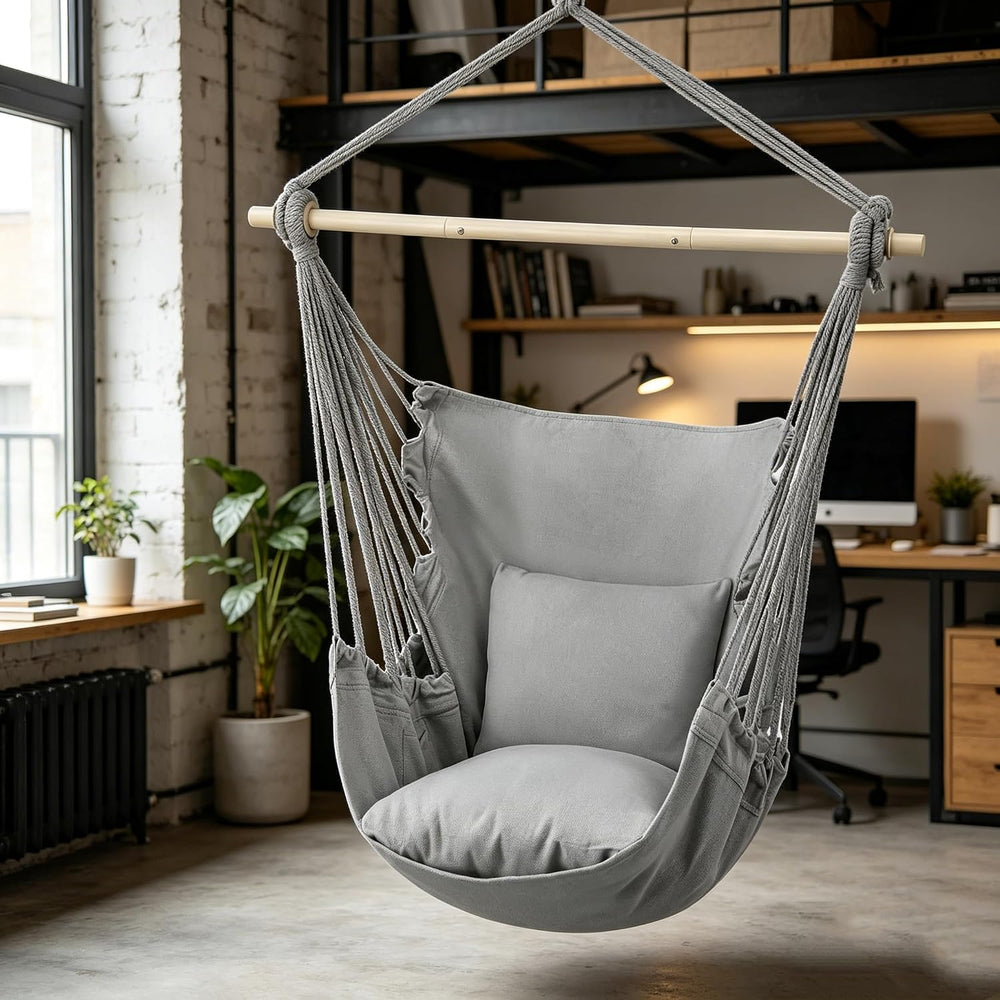 MoNiBloom Hammock Chair Hanging Rope Swing w/2 Cushions, Hold 350 lbs, Gray