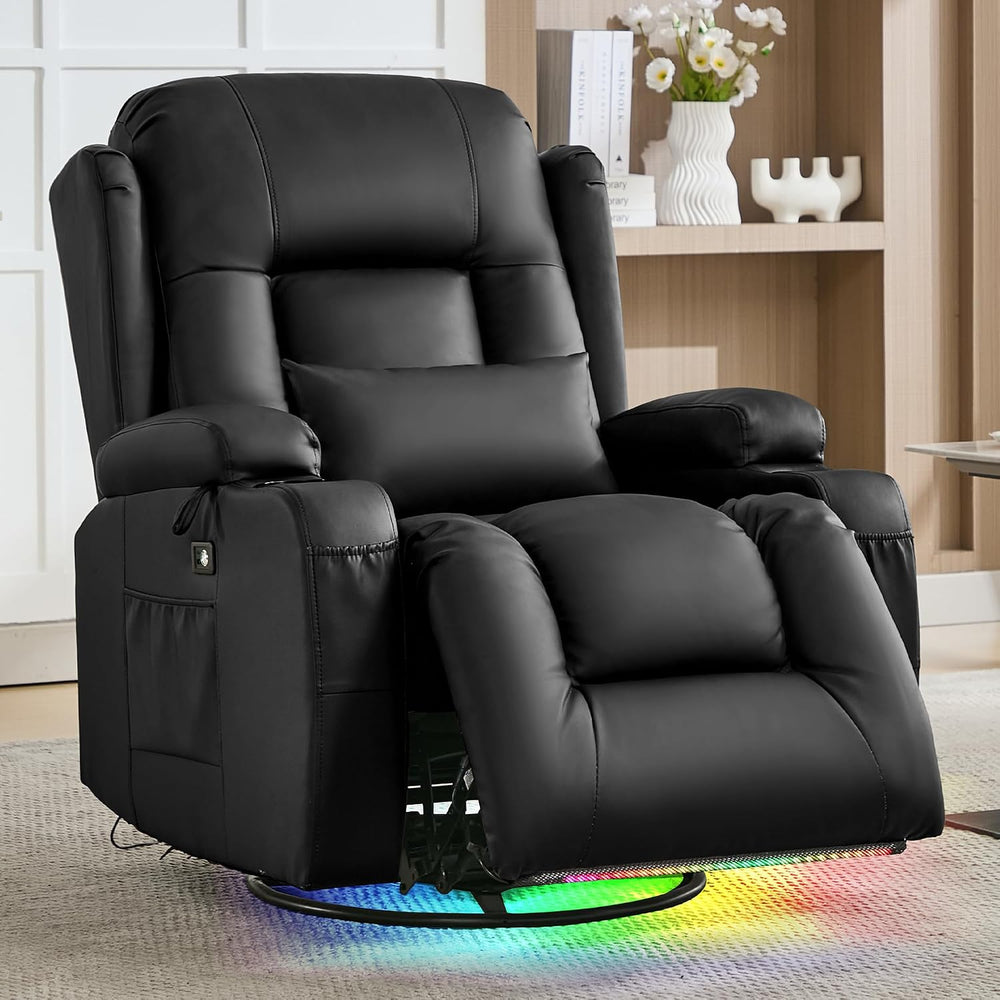 URRED Swivel Rocker Recliner Chair with LED Ambient Lights for Adults，Black
