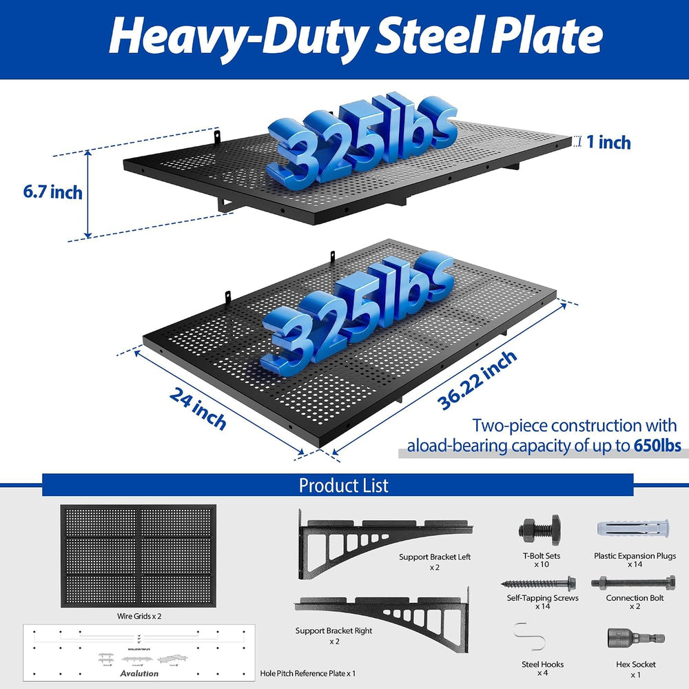 Avalution 2 Pack 2x3ft Garage Shelving Wall Mounted with Hooks,650lbs