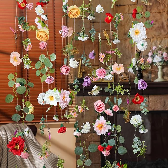 XunYee 6 Pcs 35.4 ft Flower Garlands Hanging Wildflower Backdrop Decoration Artificial Floral Garlands Fake Flower Vines Faux Silk Wildflower Decor for Halloween Fall Wedding Garden Wall Arch(Floral)