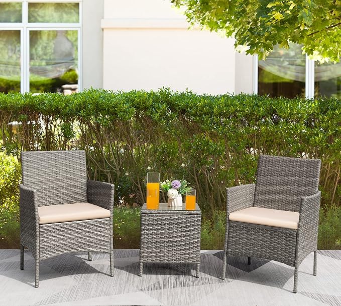 Greesum 3 Pieces Patio Furniture Sets Outdoor PE Rattan Wicker Chairs with So...