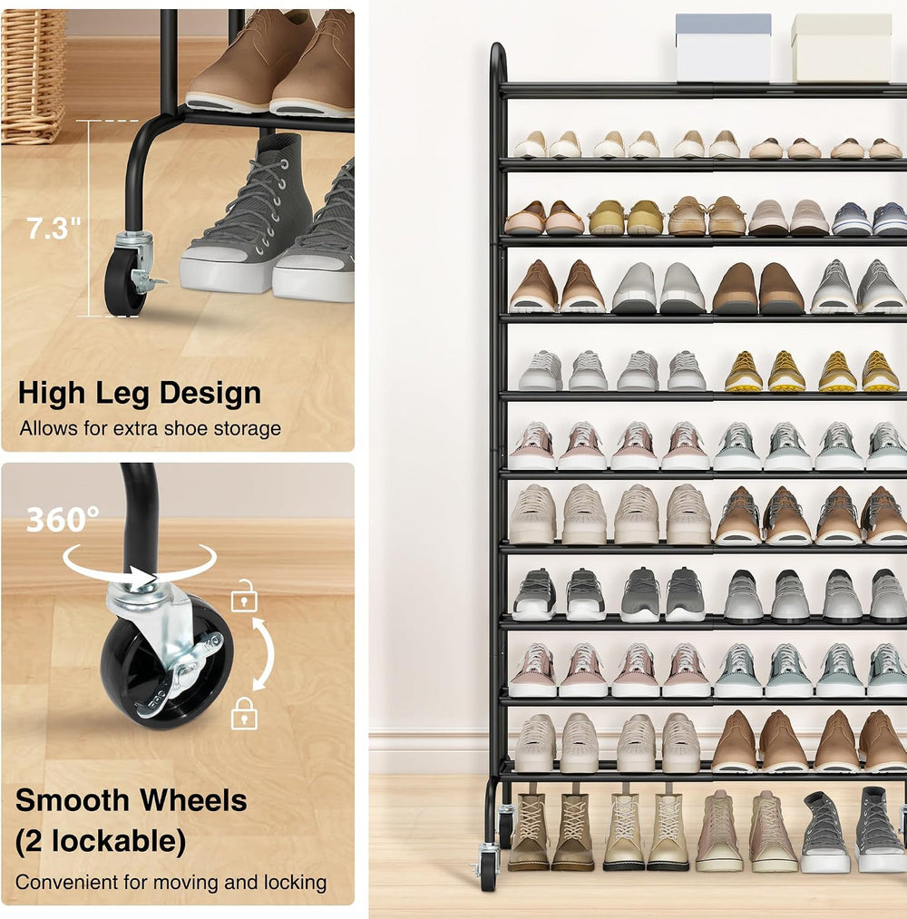 STO STO 10-Tier Expandable Tall Shoe Rack for Garage, 44 Pairs, Black