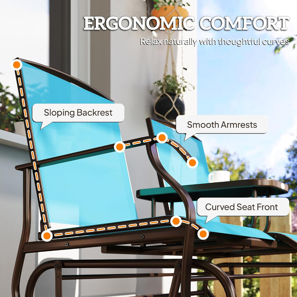 Outsunny Outdoor Glider Bench with Center Table Metal Frame Armrests Blue