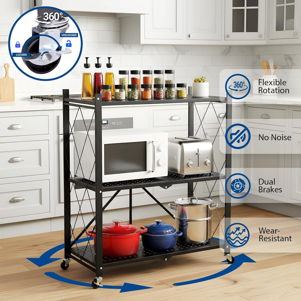 3 Tier Foldable Storage Shelves with Wheels, Metal Collapsible Organization S...