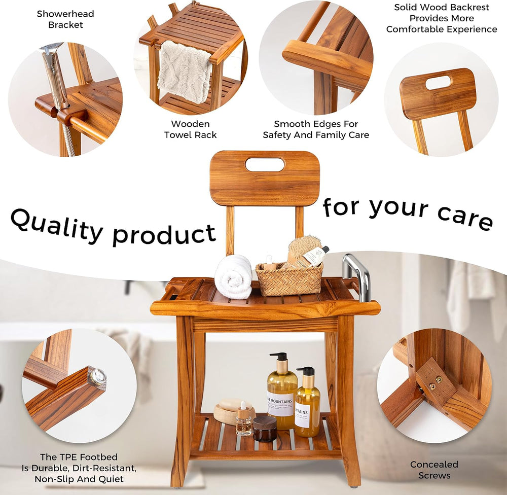 Teak Shower Bench Seat with Handles and Backrest, 19" Solid Wood Shower ...