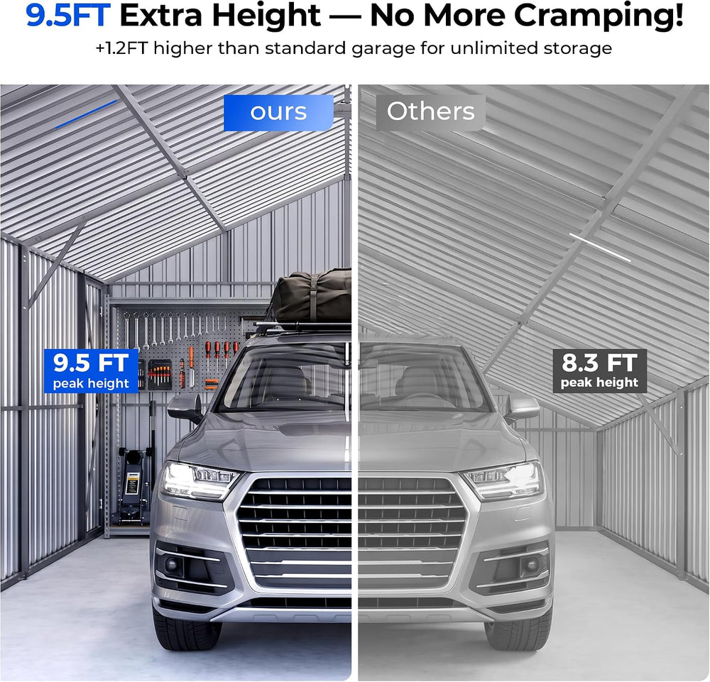 9.5FT Tall Outdoor Metal Garage 13x20FT, Built-In Solar Lights Storage Shed