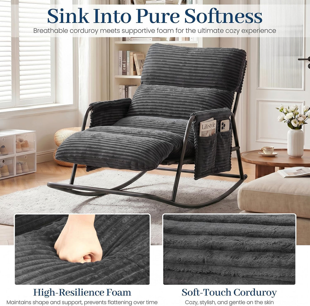 Oversized Corduroy Rocking Chair with Footrest, 3-Level Recliner Gray